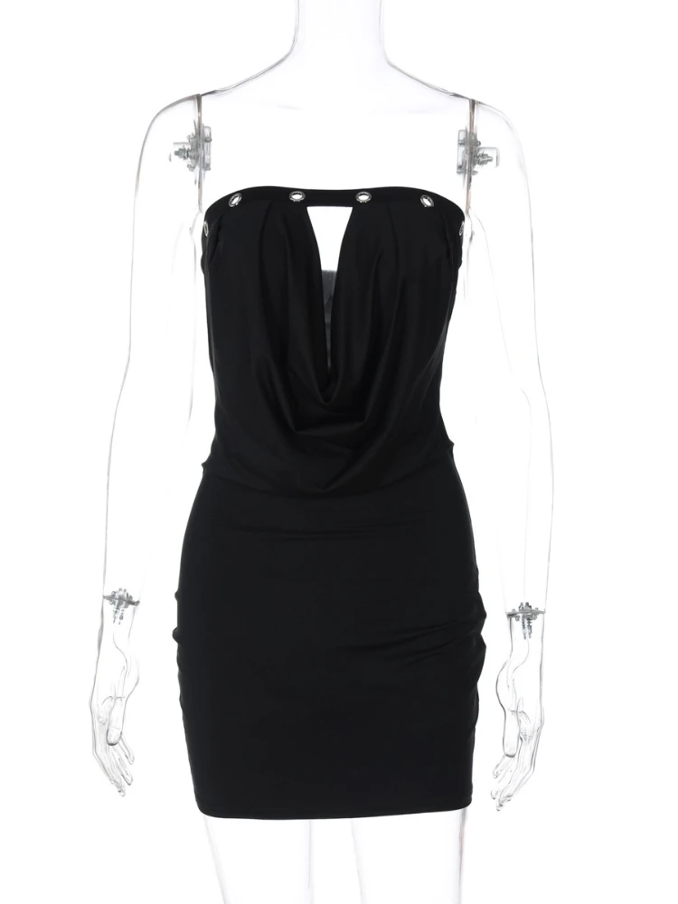 Femme vêtements sans bretelles évider robe de soirée tenue de boîte de nuit Sexy épaules nues dos nu moulante robes de soirée courtes noir