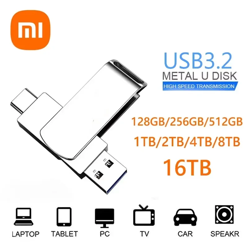 Xiaomi 16TB USB 3.2 Flash Drive di grande capacità ad alta velocità di trasferimento in metallo Flash Pen Drive impermeabile portatile Memoria Stick