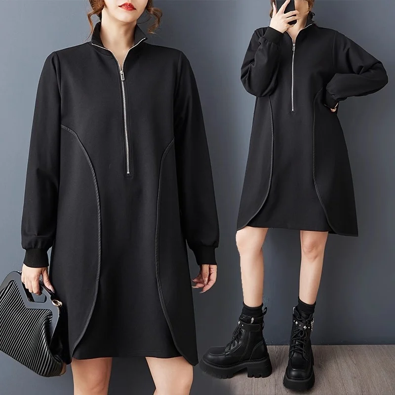 

Весенне-осеннее платье-свитшот, свободное модное платье с высоким воротником и застежкой-молнией, повседневное платье среднего и длинного размера с длинным рукавом W642