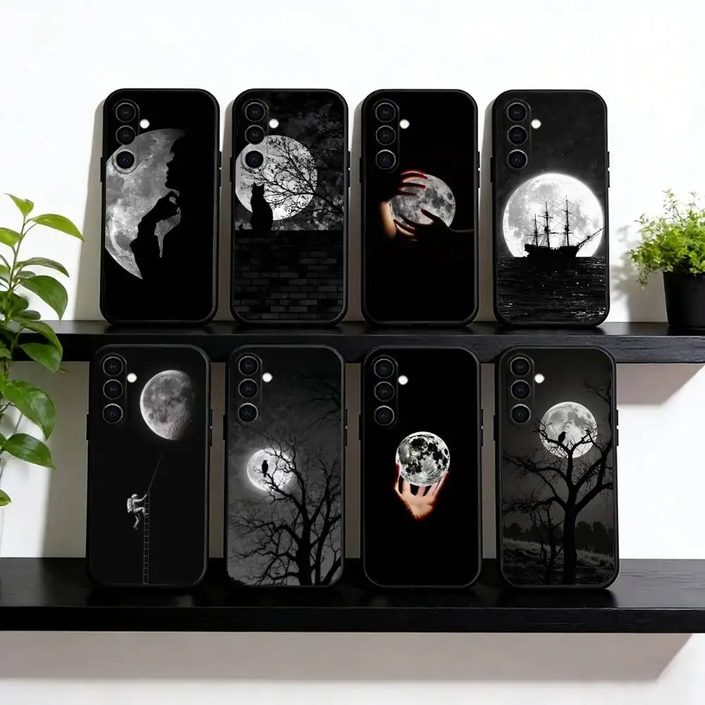 moon Phone Case For Samsung Galaxy A73,A72,A71,A70,A53,A52,A51,Soft Silicone Black Cover