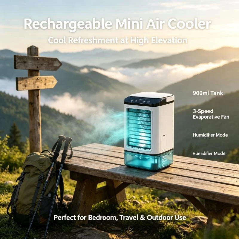 Portable Rechargeable Evaporative Mini Air Cooler 900ml Tank 3‑Speed Desk Fan 7‑Color Night Light Humidifier for Home Travel