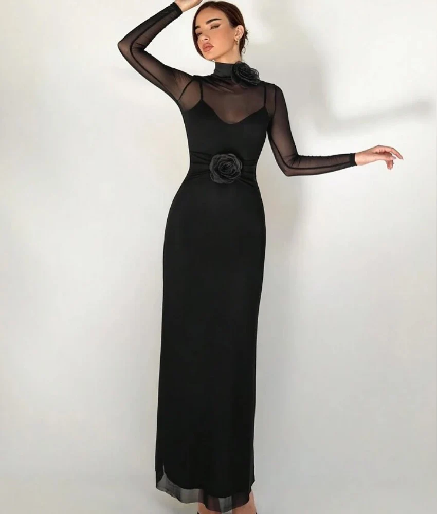 

Customized Sexy Chiffon Straight 3D Flowers Evening Dress New fashion Long Sleeves High Collar Floor Length prom dresses