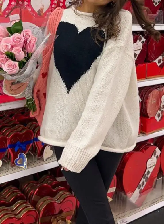 

2025 Autumn and Winter Elegant New Fashion Casual Trendy Love Long Sleeved T-Shirt Coat Sweater Pullover Tops Women's Clothing