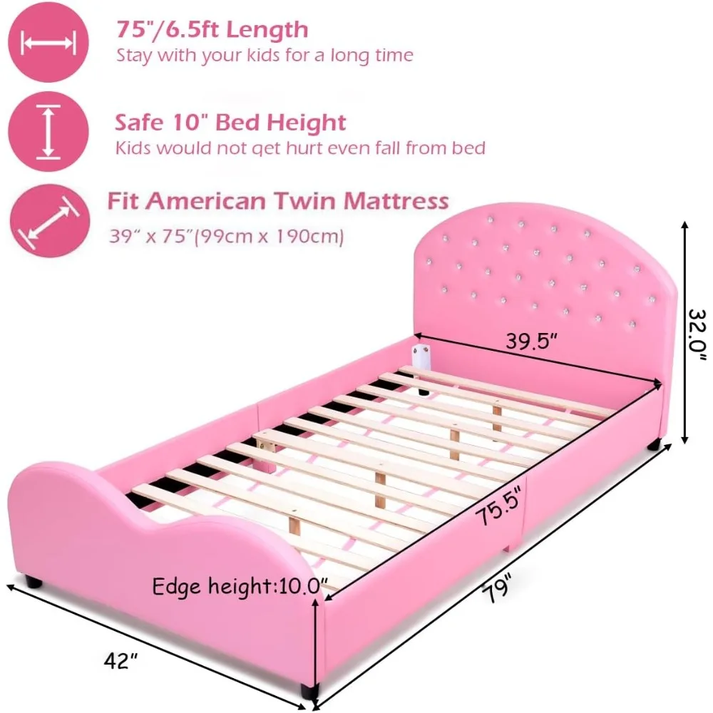 Twin Bed Frames for Kids, Wood Upholstered Twin Bed Platform with Slat Support, Padded Headboard&Footboard