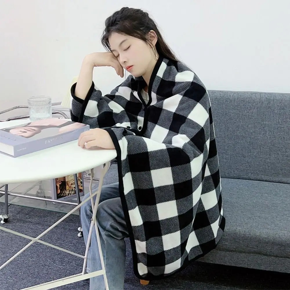 

Throw Blankets Plaid Blanket Wearable Blanket Soft Thicken Home Shawl Warm with Button Flannel Blanket Office