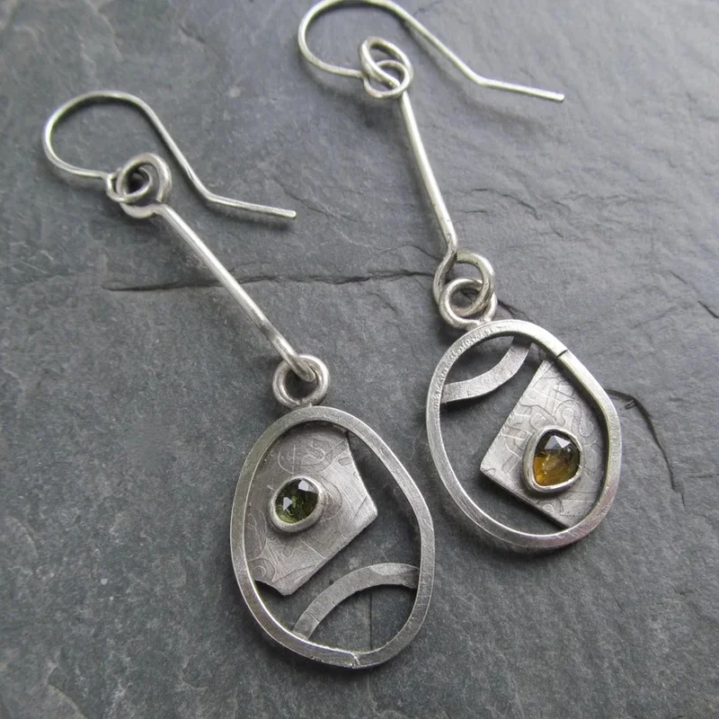 Bohemian Round Blue Stone Earrings Handmade Jewelry Metal Silver Color Hand Engraved Round Dangle Earrings