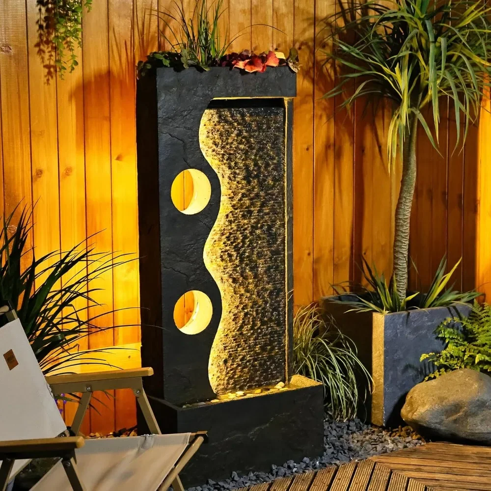 

47 Inch Outdoor Fountain Garden, Modern Water Feature Independent Fountain with LED Light Strip,dark Gray, Imitation Rust Finish