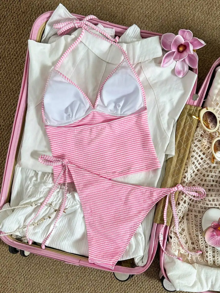 

Elegant Pink White Striped Spaghetti Strap Bikini Set Wireless With Pearl Seashell Decor