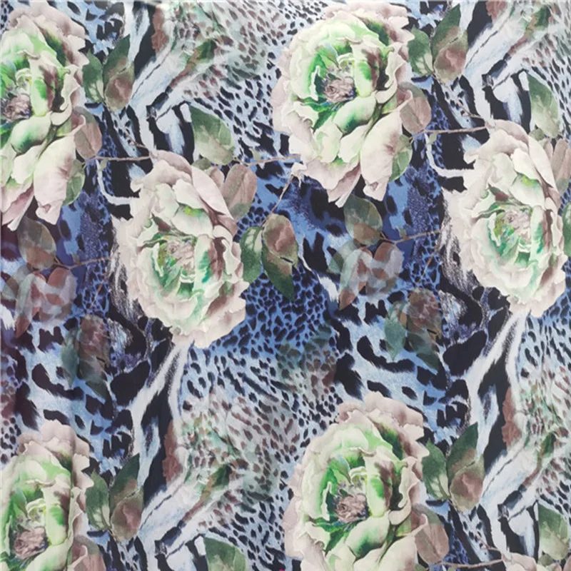 Buono, elastico a 4 vie, tessuto a maglia di seta del latte, tessuto di stampa leopardo bianco verde peonia/blu, fai da te, cucito