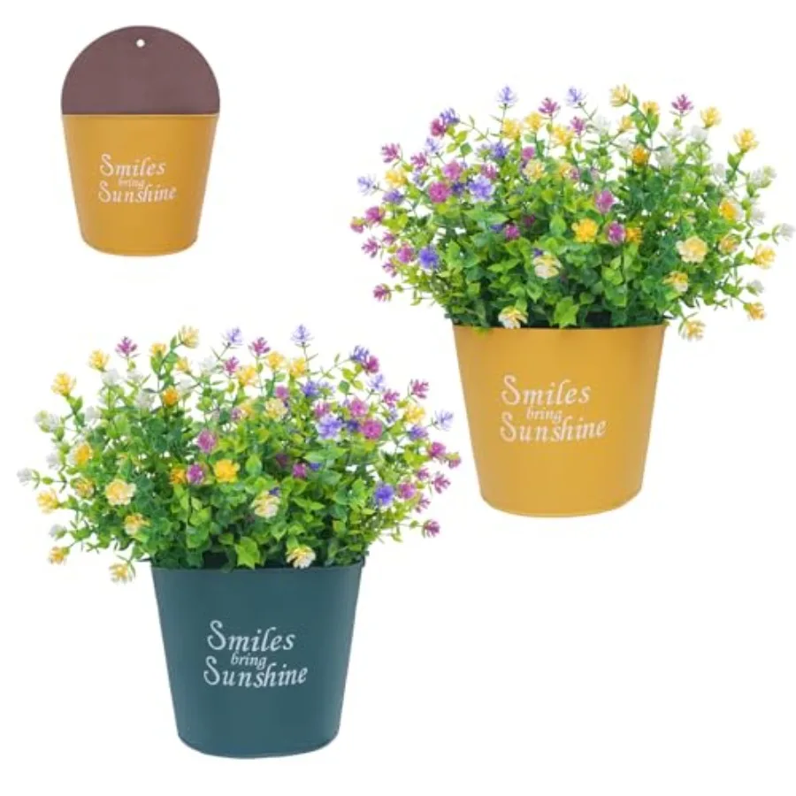 

Set of 2 Artificial Flowers with Metal Hanging Wall Planter Colorful UV Resistant Plants Outdoor Wall Dr for Garden Wall Porch