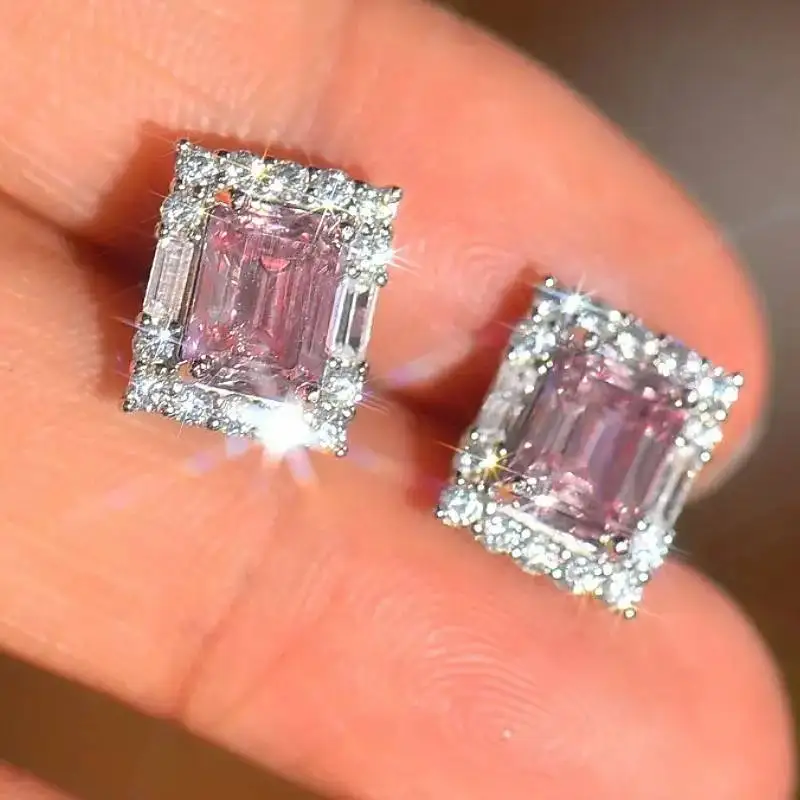 Huitan Mode Frauen Ohrstecker Einfache Helle Stil Verlobung Täglich Elegante Accessoires Intarsien Rosa CZ Täglichen Chic Schmuck