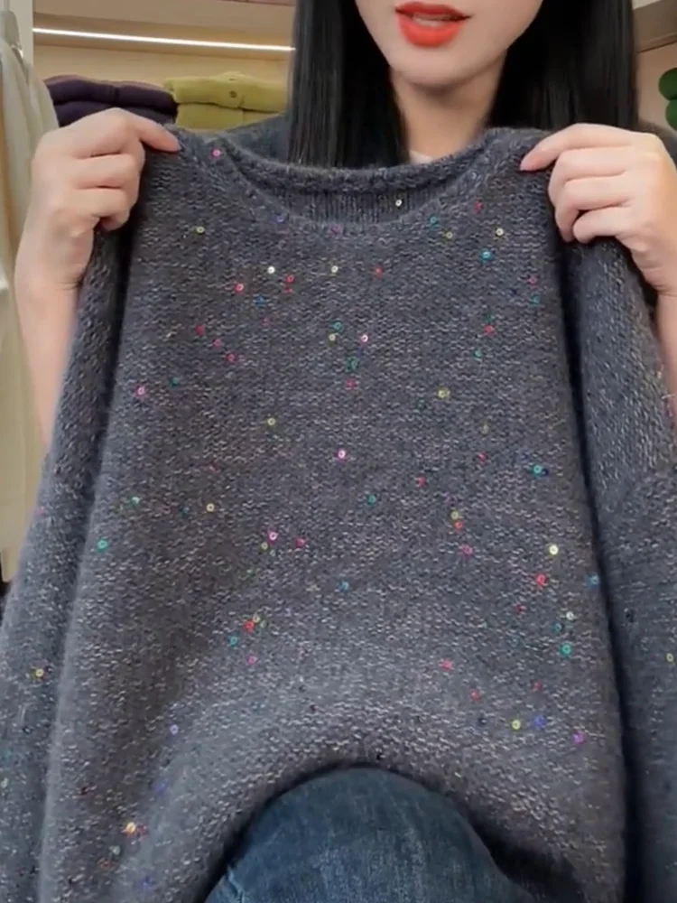 

Korean Design round Ne Sparkling Soft Sweater Autumn New plus Size Ele Versatile Slimming Top Warm Long Sve Camere