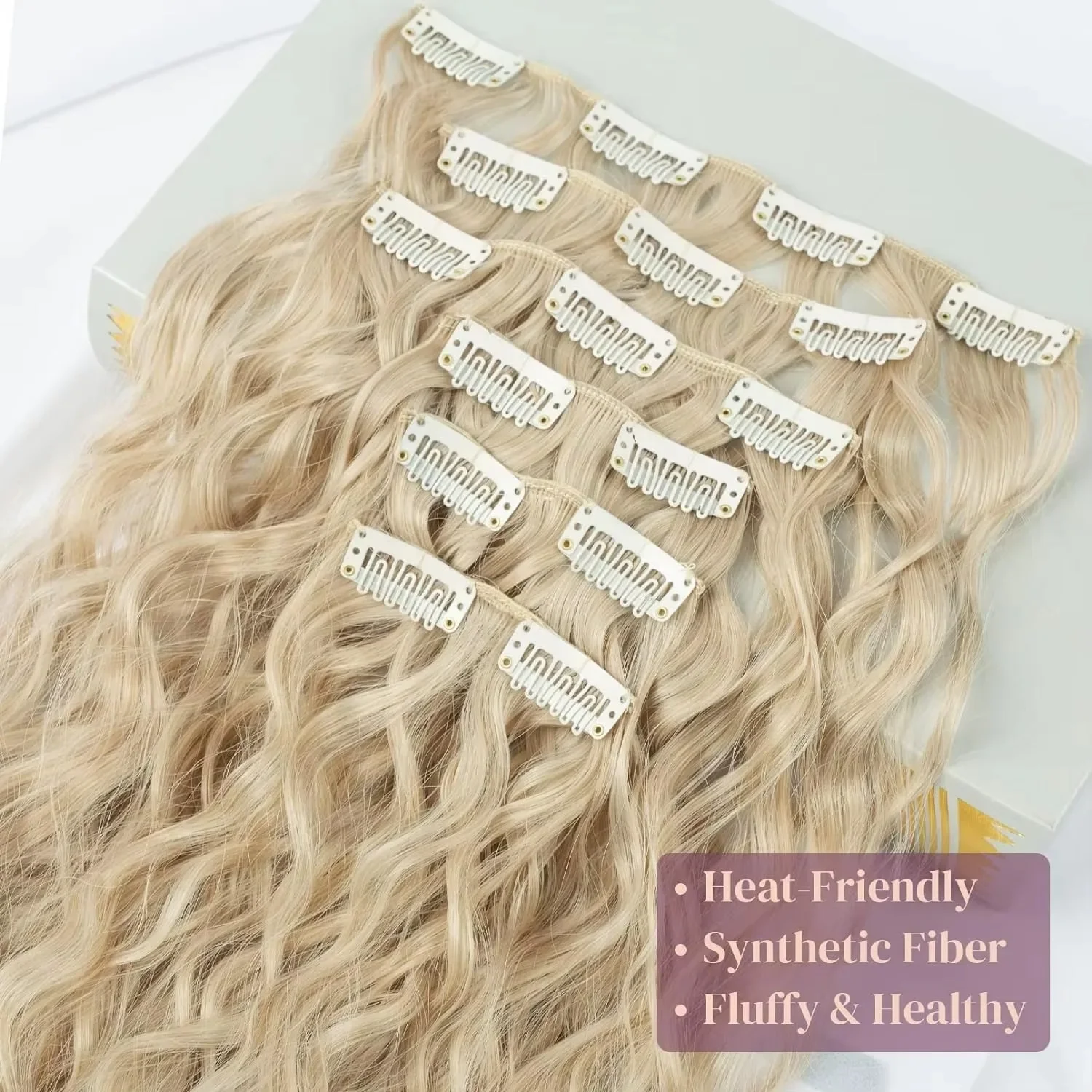 Extensions capillaires synthétiques à clips, postiche longue ondulée de 22 pouces, 16 griffes, pour femmes, tête complète