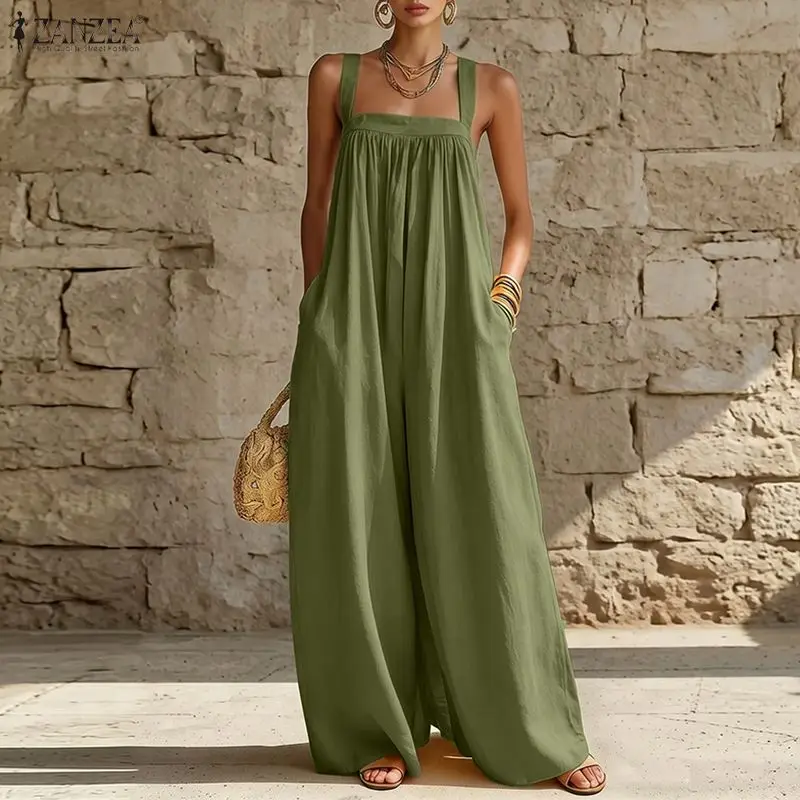 ZANZEA Summer Sleeveless Square Neck Rompers Fashion Women Jumpsuit Loose Wide Leg Trousers Casual Beach Vacation Solid Playsuit