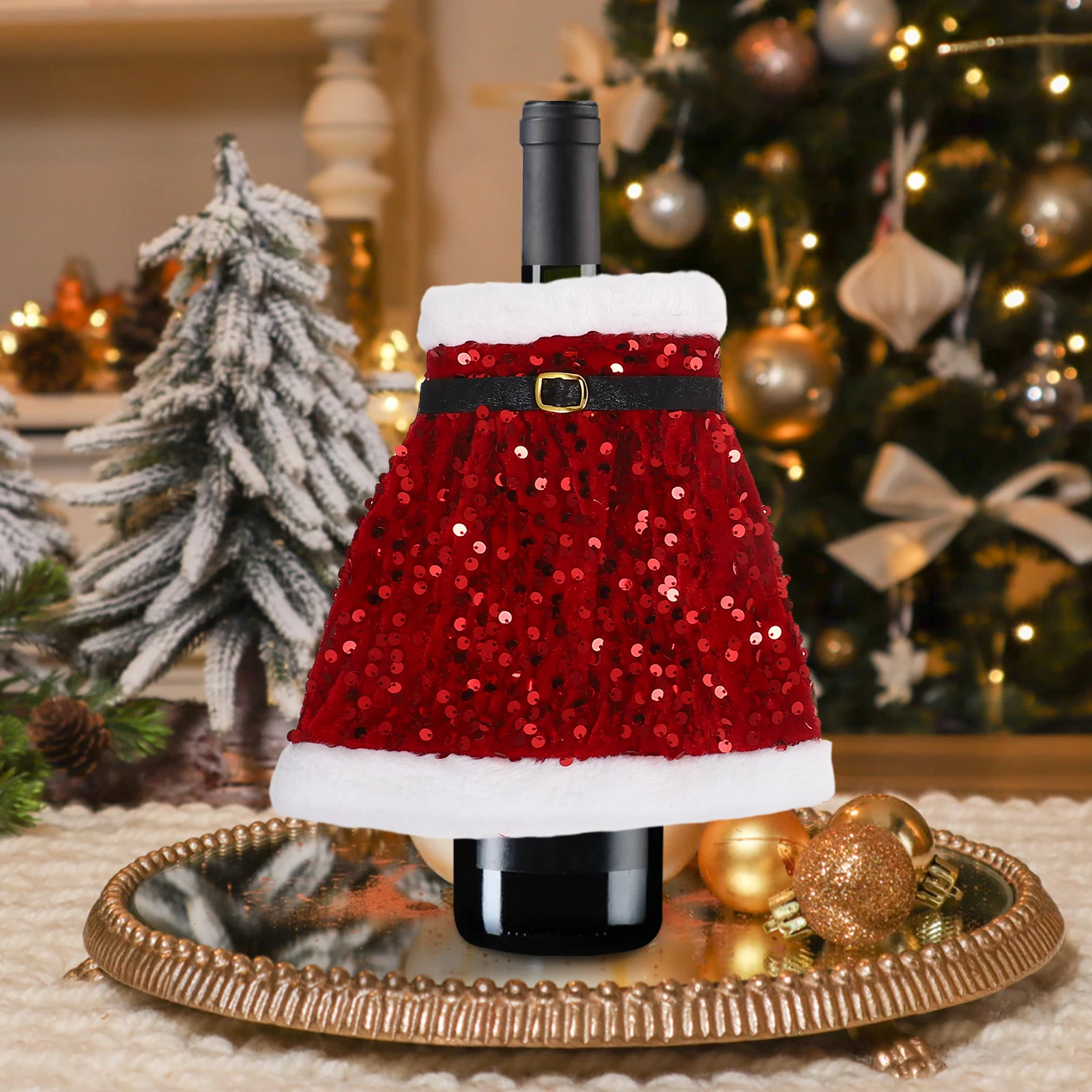 

2pcs Christmas Wine Bottle Covers Sequin Santa Dress Holiday Party Table Decor Reusable Bottle Skirt Cover Wine Gift Holder