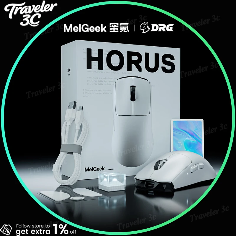 MelGeek HORUS Gaming Mouse Wireless Wired Dual 8000Hz Lightweight 49g PAW3950 Symmetrical TTC Optical Switch White E-Sports