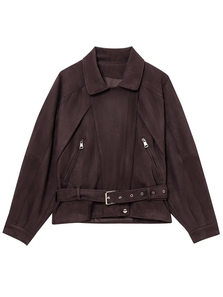 

European style new women's fashion versatile temperament long-sleeved suede motorcycle style with belt jacket