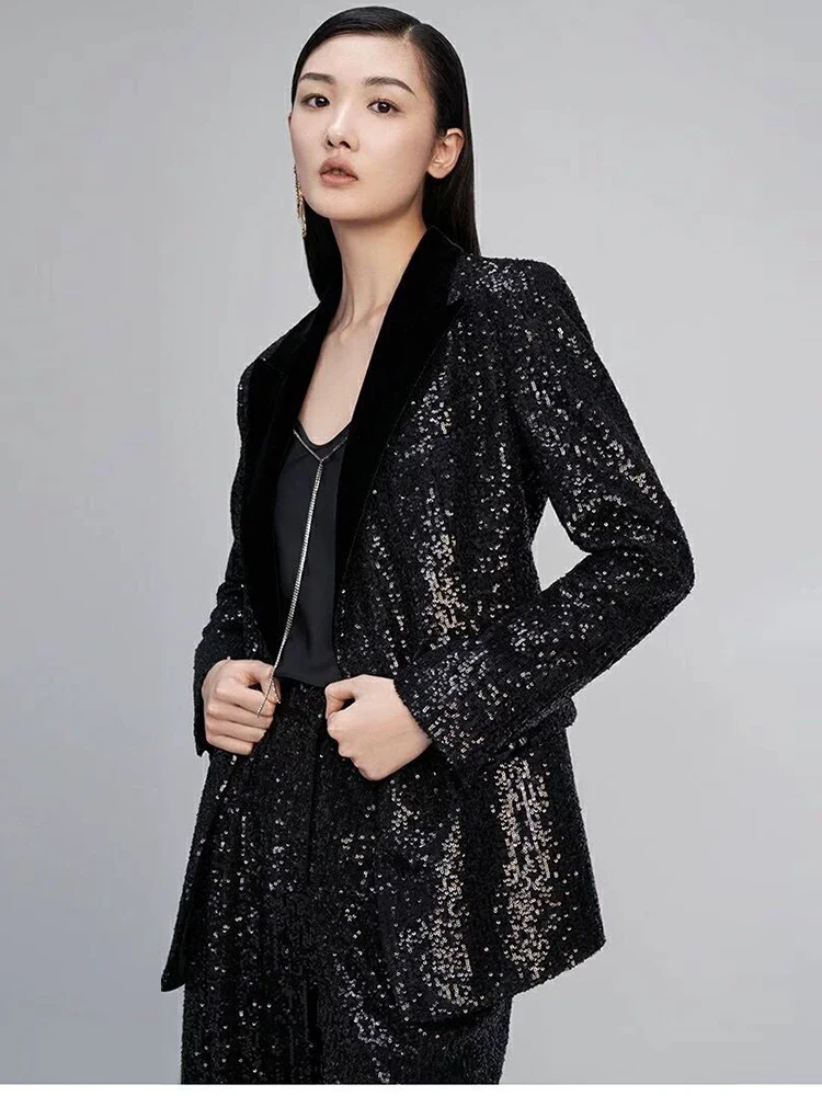 Black Sequined Blazer Women Autumn Double Breasted Button Glitter Sequined Long Party Club Jacket Blazers Women 2023 New