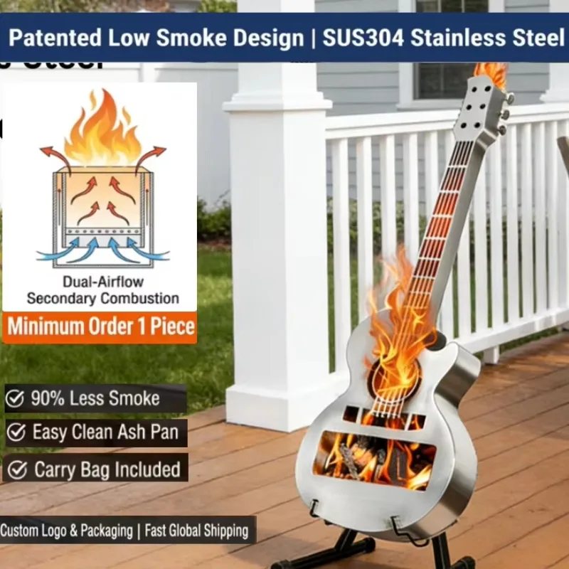 Guitar Shaped Fire Pit Stainless Steel Portable Wood Burning Stove for Outdoor Camping Backyard Patio Garden