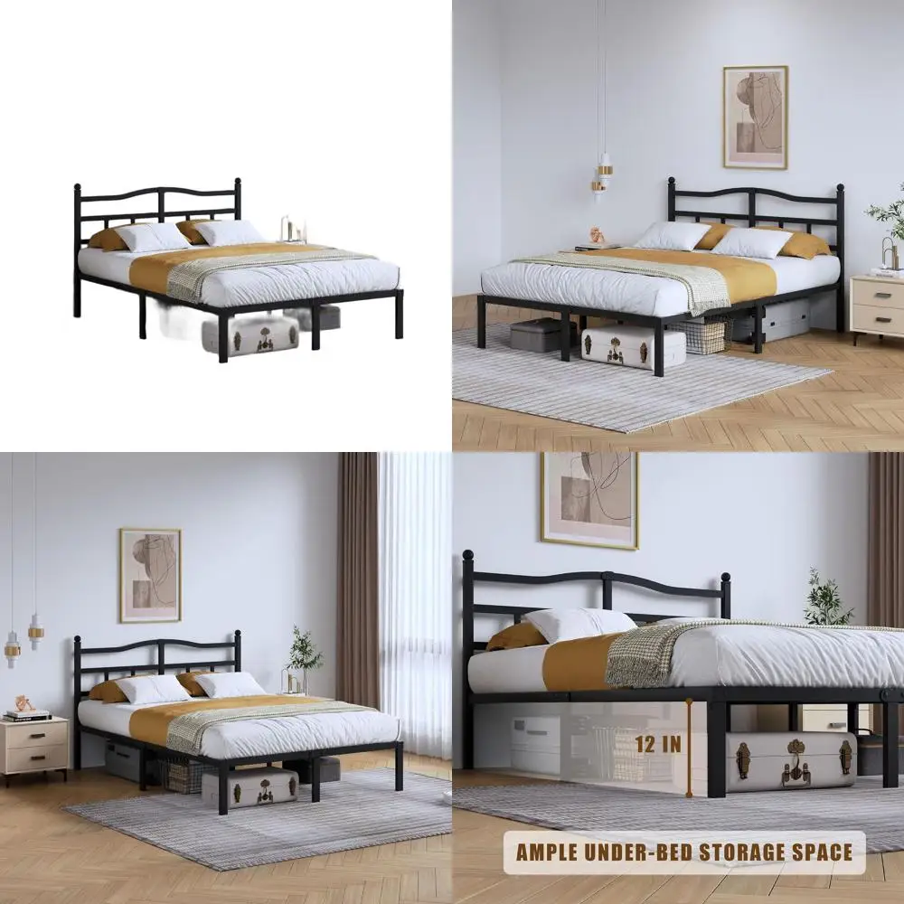 

Металлический каркас кровати размера «king-size» с изголовьем, высота 14, сверхмощный, черный, опорой для планок, без коробчатой пружины, простая сборка, тихий