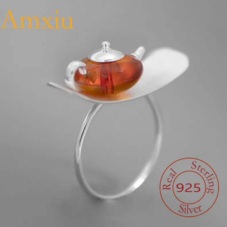 

Amxiu Sterling Silver 925 Wuse Ceremony Pure Silver Set Tea Shell Amber New Chinese Style National Trend Adjustable Ring