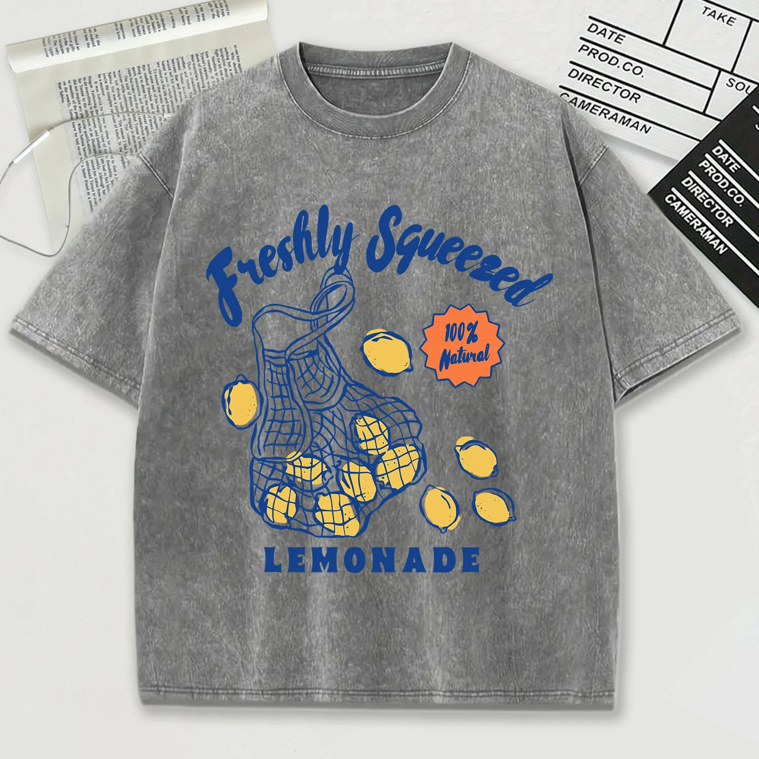 Frisch gepresstes Zitronensaft-Druck gewaschenes Herren-T-Shirt aus weicher Baumwolle, kurzärmelig, Hip-Hop, Sommer, neues Top, trendiges Baumwoll-Top