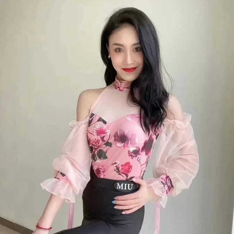 

Latin Dance Shirts Women Mesh Long Sleeves Off Shoulder Pink Flower Tops Ballroom Dance Performance Costume Practice Wear BL8321