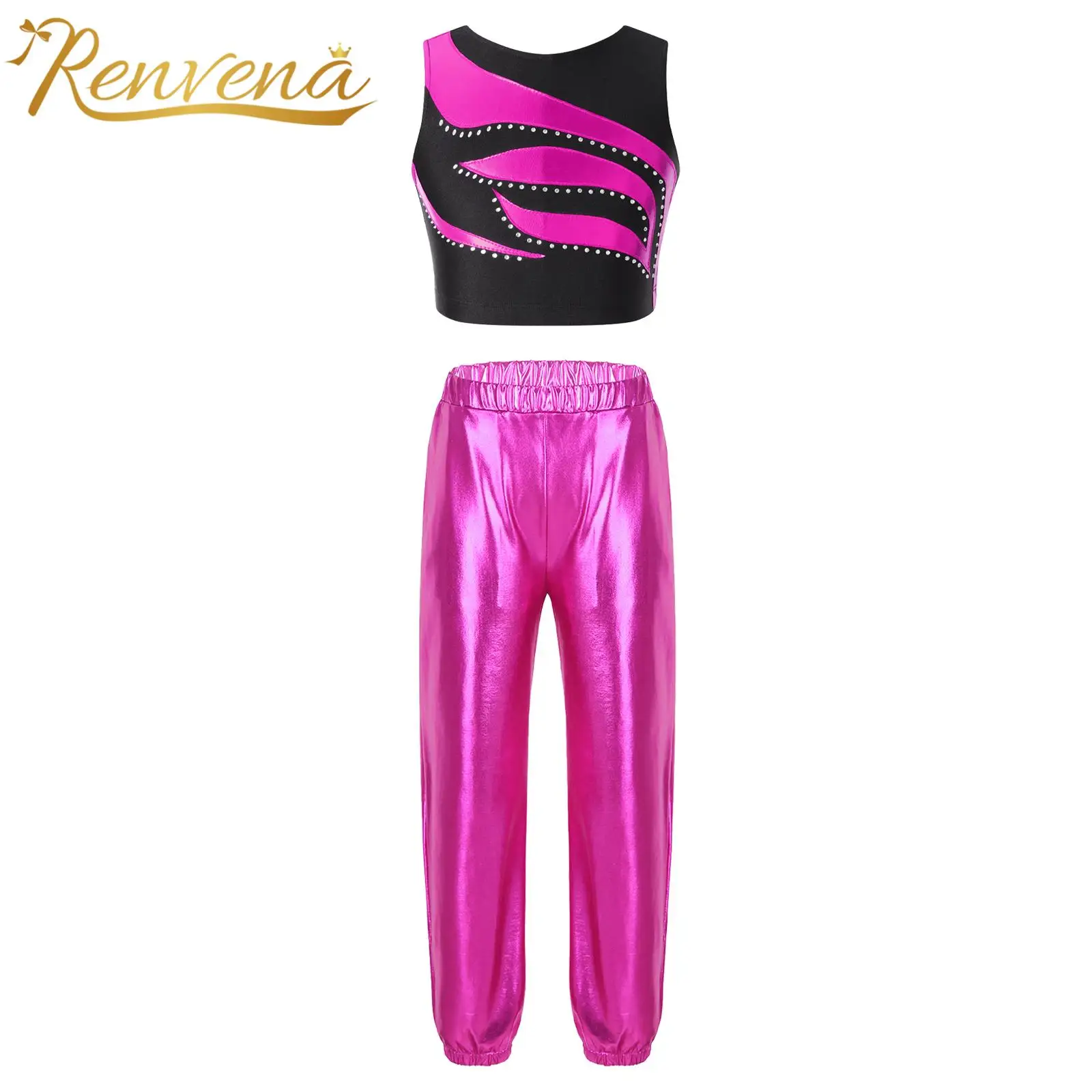 

Kids Girl Two Pieces Ballet Jazz Dance Costume Crop Top Pants Children Metallic Hip Hop Clothes Sets Teens Performance Dancewear