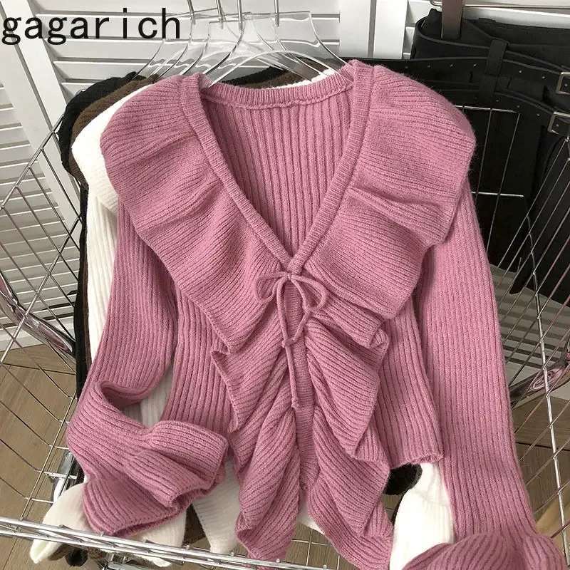 Gagarich Ruffled Lace Up Flared Long Sleeve Knitted Sweater Women Autumn Winter 2024 Korean Style Retro Versatile Foreign Top