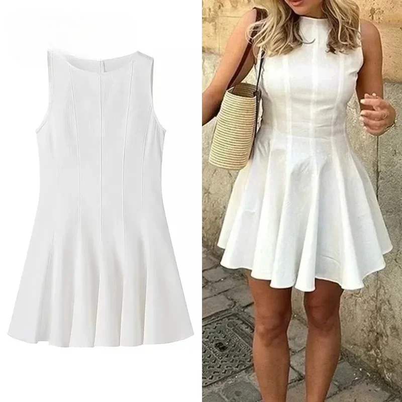 

New Women White Short Dresses Ruced Sleeveless Mini Dress Female Elegant Party Dresses Pleated Holiday Vestidos