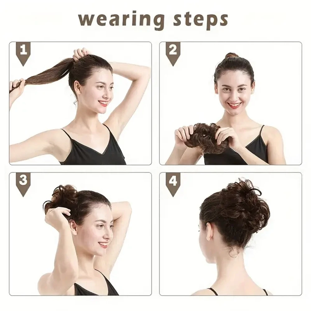 1 buah wig sintetis Chignon Updo bunga donat berbulu berantakan, ekstensi rambut keriting bergelombang aksesori rambut wanita elegan