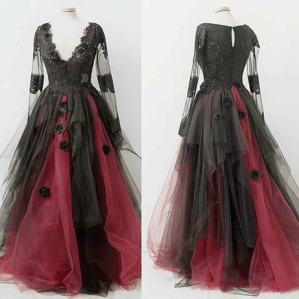 ANGELSBRIDEP Black and Red Gothic Wedding Dresses Victoria Long Sleeves Lace Ruffles Bridal Gown Vestidos De Novia Customized