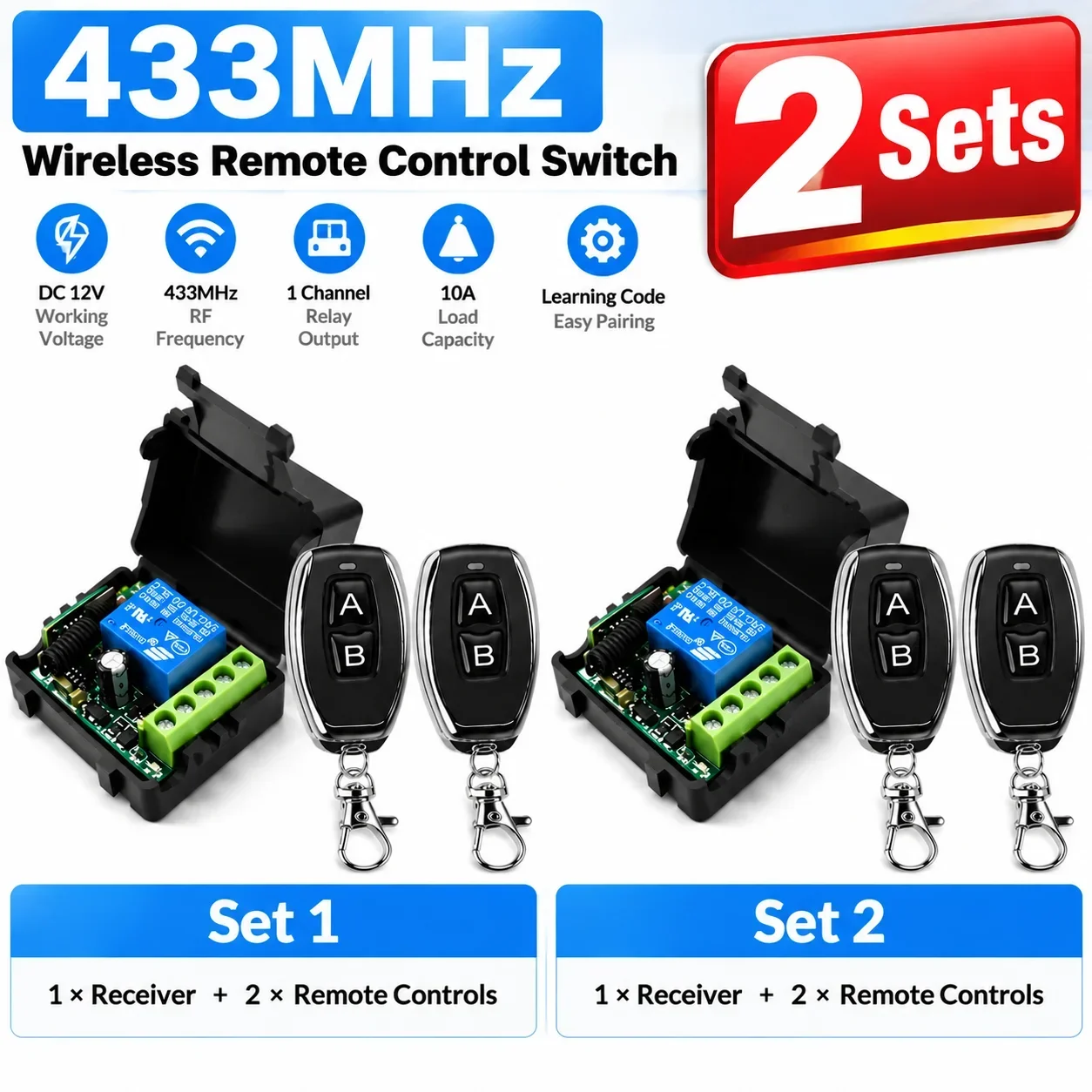 2 Sets 433MHz Wireless Remote Control Switch Kit 1 Channel RF Transmitter Receiver Module for DC 12V Automation