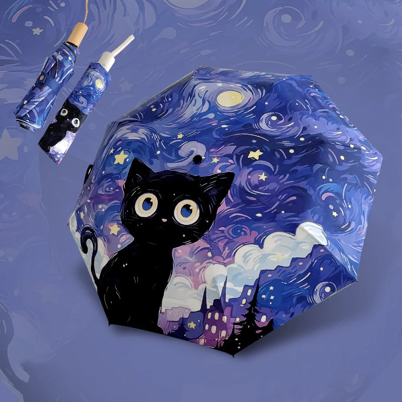 Blue Green Purple Powder Cat Cartoon Fold Umbrella Fully Automatic Umbrella Women's Dual-Purpose Sun Umbrella Portable Umbrella view 3