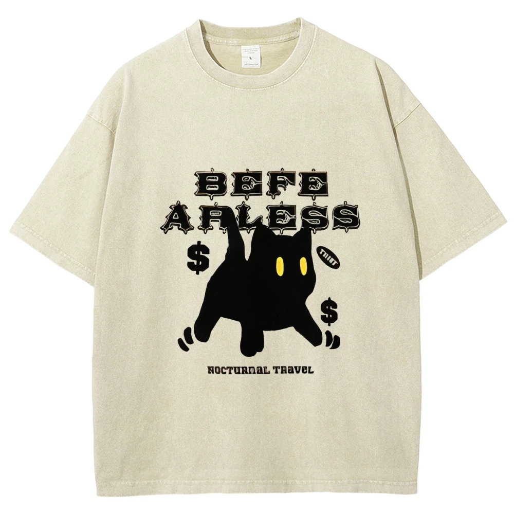 

2025 New Black Cat Printed Short Sleeve Retro Snowflake Washed Cotton High Quality Unisex Crew Neck T-Shirt Summer