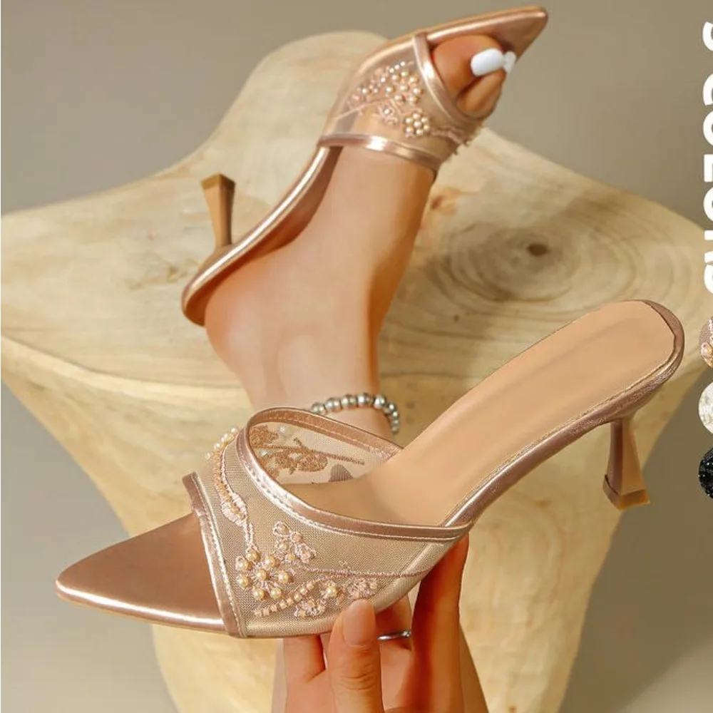 2026 Perlenbesetzte Netz-Stickerei Slingback High Heels Damen Sexy Peep Toe Absatz-Sandalen Sommer Elegante Luxus Designer Schuhe