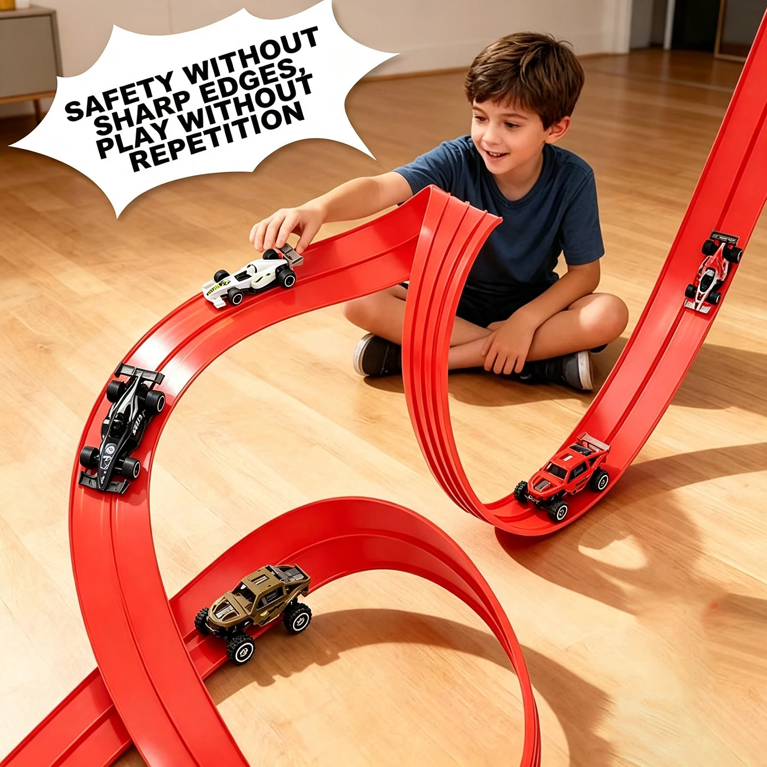 Red 15 FT Race Track System, Compatible with 1/64 Scale Cars. Works with Alloy & Suction Cup Cars, with Ramp. For Boys Ages 3+,