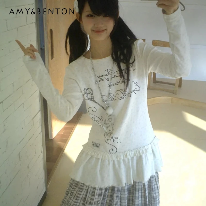 

Retro Design Fashion Lotus Leaf Edge Long-sleeved Women's Top 2026 Spring New Sweet Cute Versatile Age-reducing T-shirt Ladies