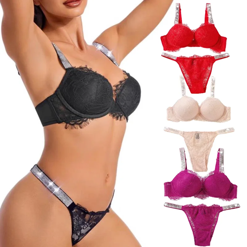 2025 New Style Comfort Briefs Underwear Set Brand Letter   Sexy  Lace Female Intimates  Women Panties Rhinestone Bra Set