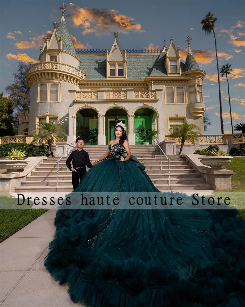 Personalizado verde esmeralda tule com arco quinceanera vestidos de baile 2025 apliques de cristal doce 16 vestido espartilho vestidos de festa