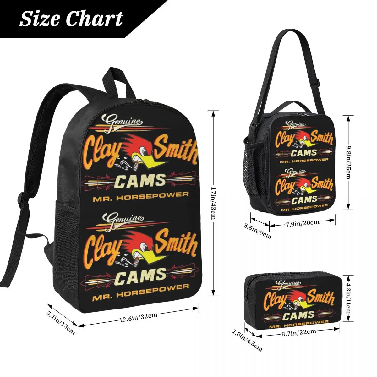 Сделано в США, уличный рюкзак Mr.Horsepower Clay Smith Cams, студенческая сумка для книг, школьная сумка, 3 шт., изолированная сумка для обеда, пенал