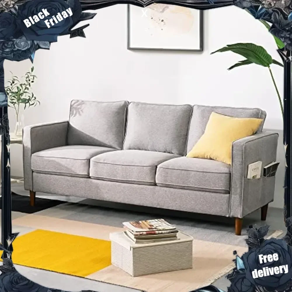 

Modern Linen Fabric Loveseat Sofa Couch with Armrest Pockets, Heather Grey