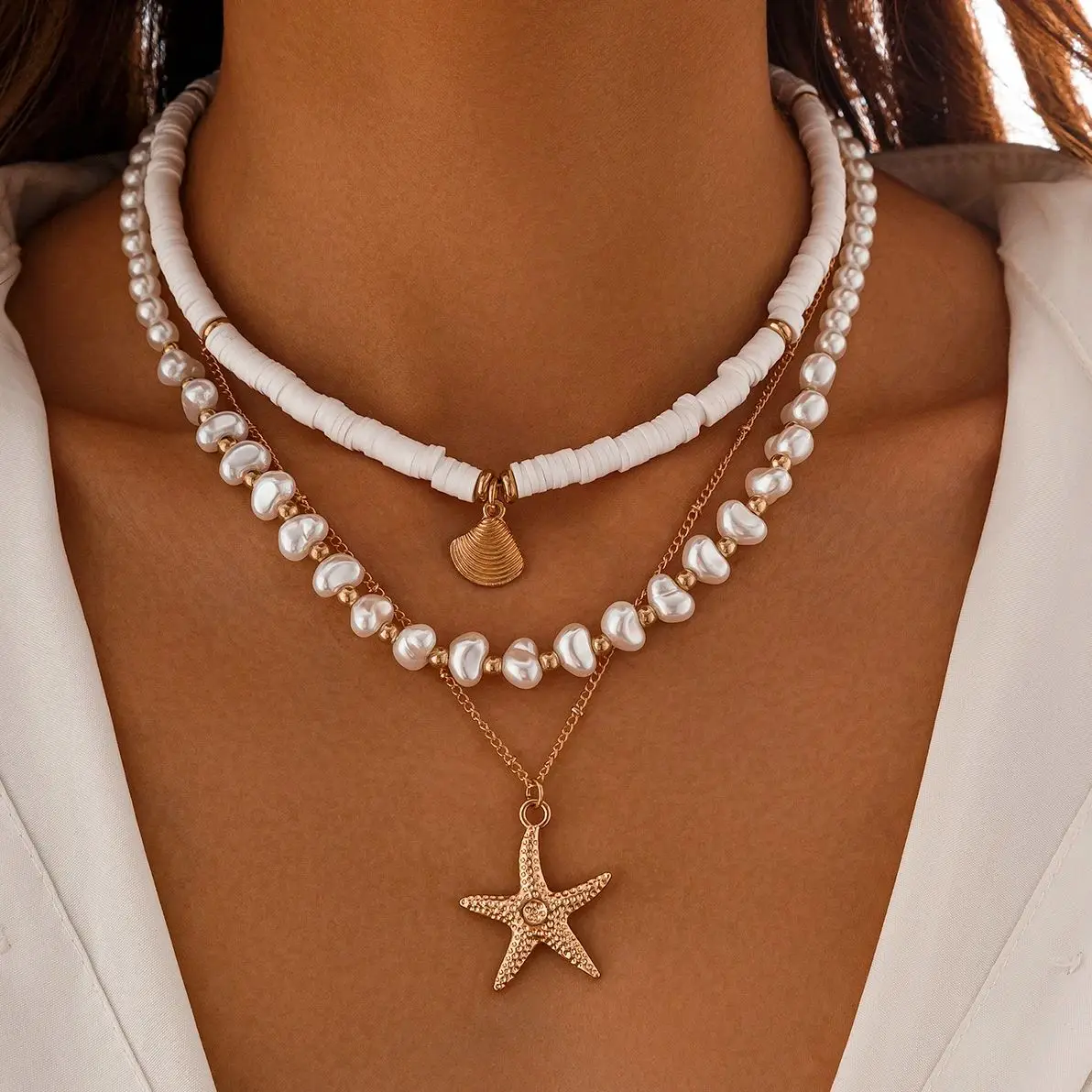 SHIXIN 3Pcs/Set Multilayer Imitation Pearl Beads Choker Necklace for Women Summer Beach Starfish Pendent Necklace Neck Jewelry