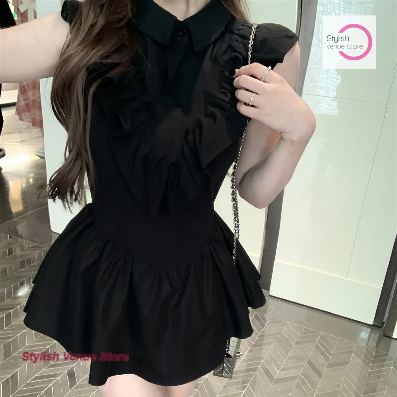 Conception française sens douce épicée fille chemise à volants robe femme été nouveau tempérament doux petites manches volantes taille jupe.