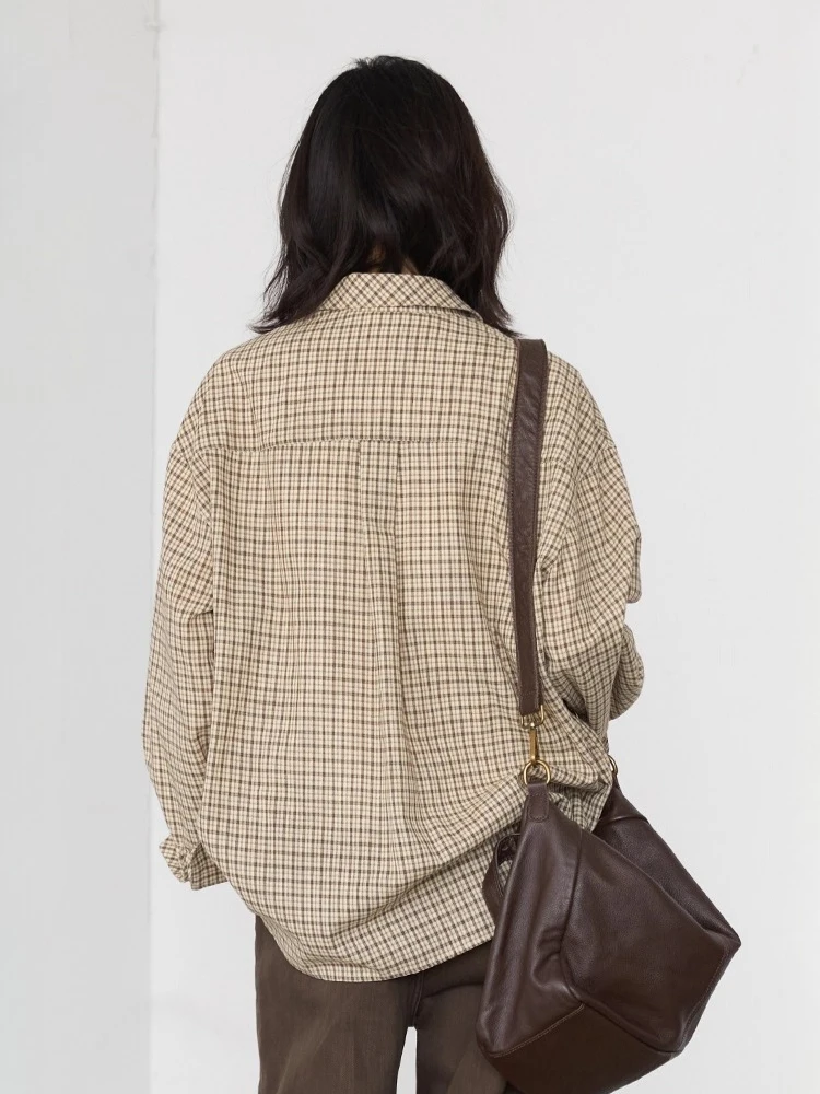 Women's Retro Plaid Embroidered Button-Up Shirt - Loose Fit