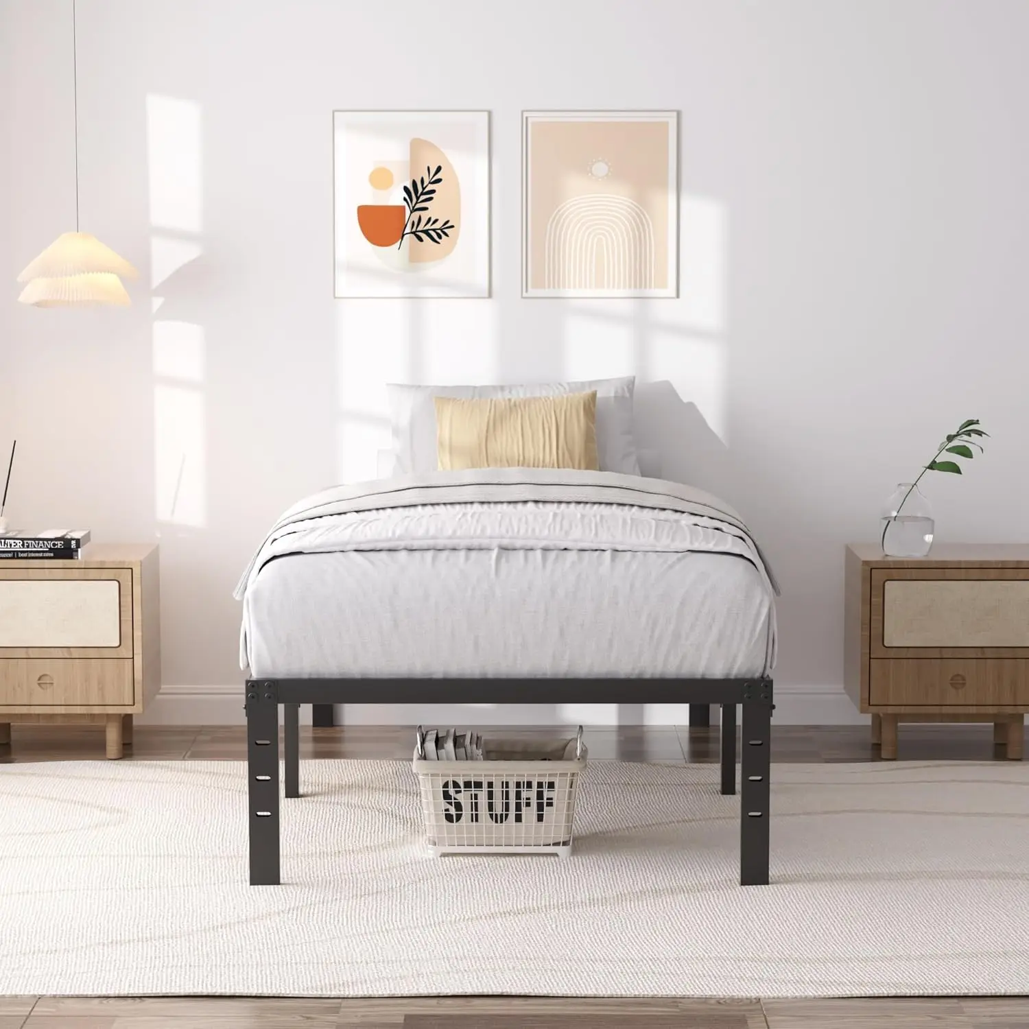 Struttura letto con piattaforma doppia in metallo da 18 pollici con contenitore, senza bisogno di molle, facile montaggio e design silenzioso