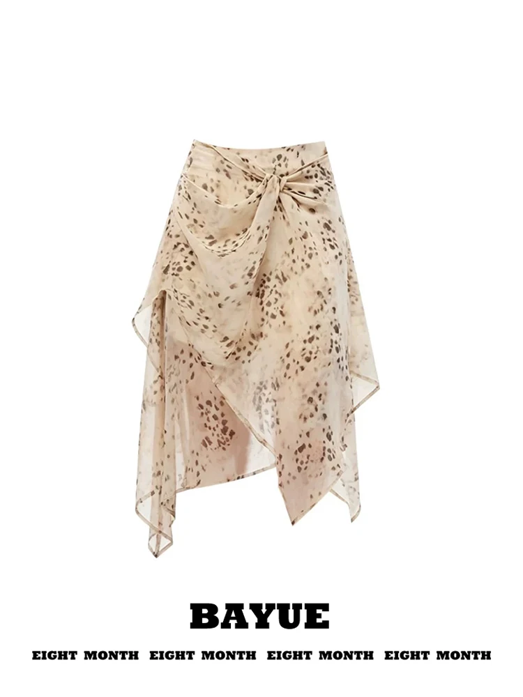 Artistic Leopard Print Asymmetrical High Waist Midi Skirt Unique Knot Design Special Half-length Slant Cut Women's Skirt
