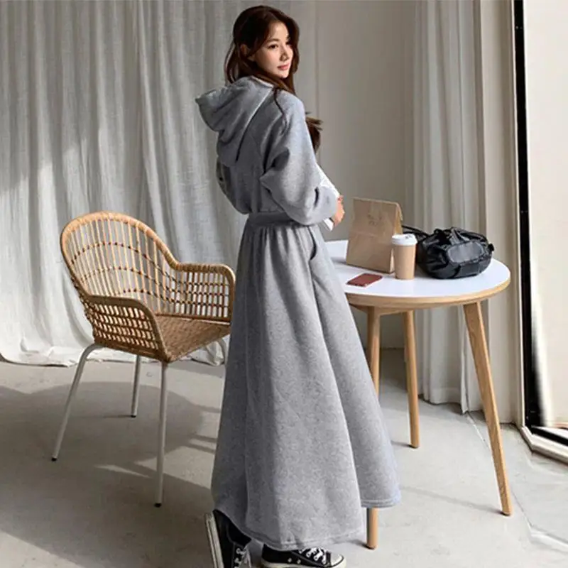 Women Dresses Long Sleeve Hooded Pullover Solid Sweatshirts Dress Loose Hoodies Draw String Pendulum 2024 Slight Strech