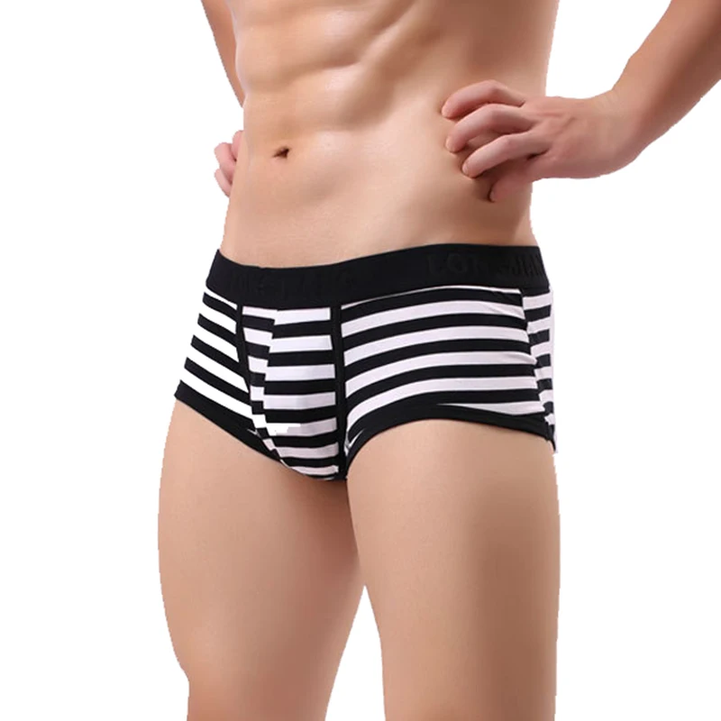 Mens Cotton Striped Breathable Underpants Soft Penis U-Pouch Boxers Shorts Briefs Home Men‘s Sports Panties