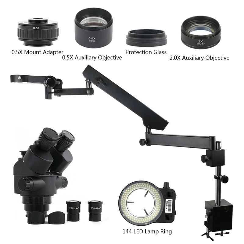 Imagem -02 - Simul Focal Parfocal Trinocular Microscópio Estéreo 144 Led Luz Articulada Braço Pilar Braçadeira para Reparo de Laboratório 3.5 7x45x 90x